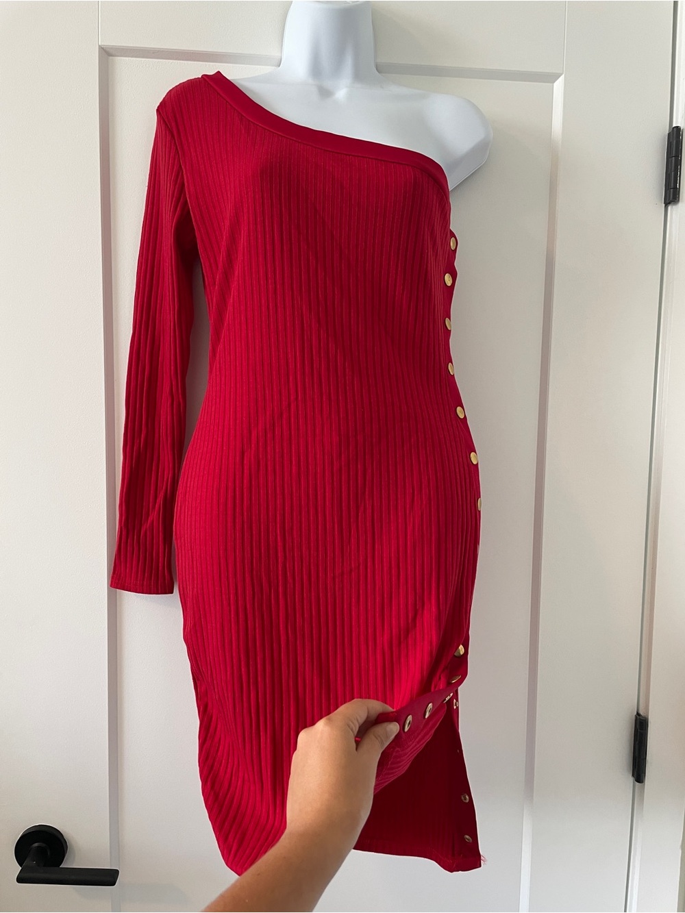 New Without Tag Red One Shoulder Bodycon Rib Knit Dress with Gold Button Detail